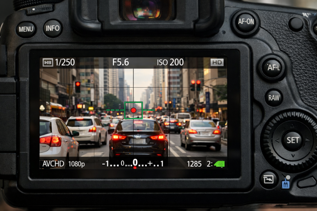 Tela de câmera digital mostrando cena urbana em tempo real