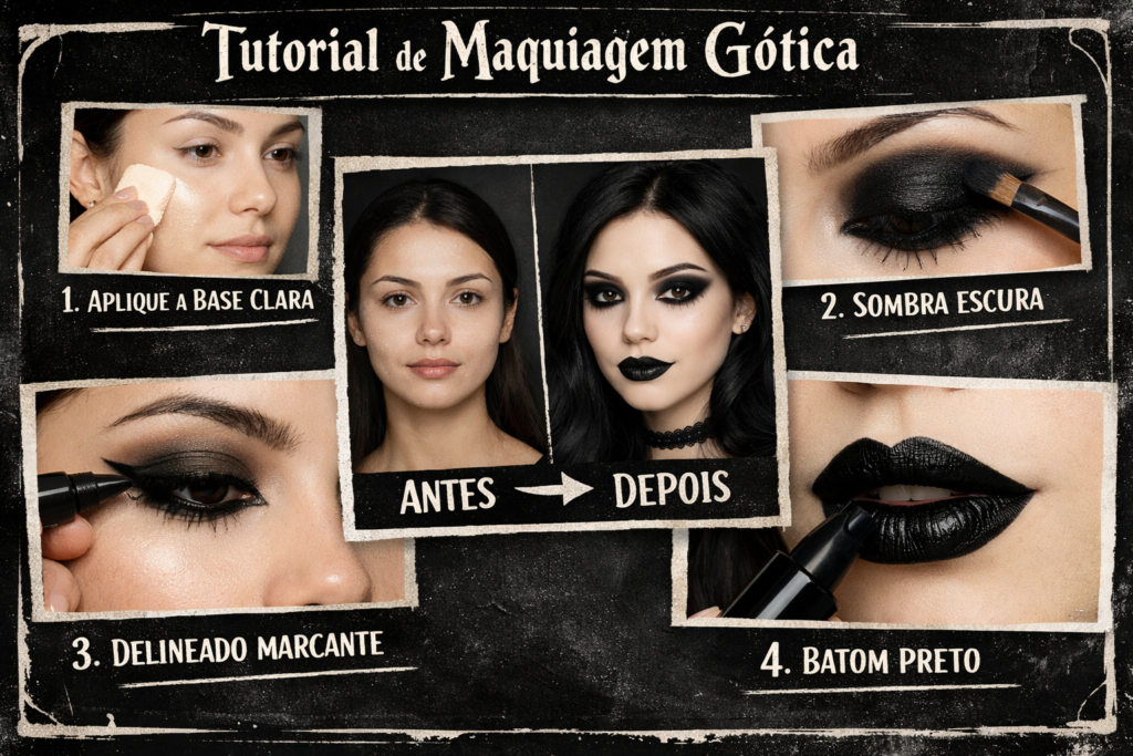 Colagem mostrando etapas de maquiagem gótica dramática