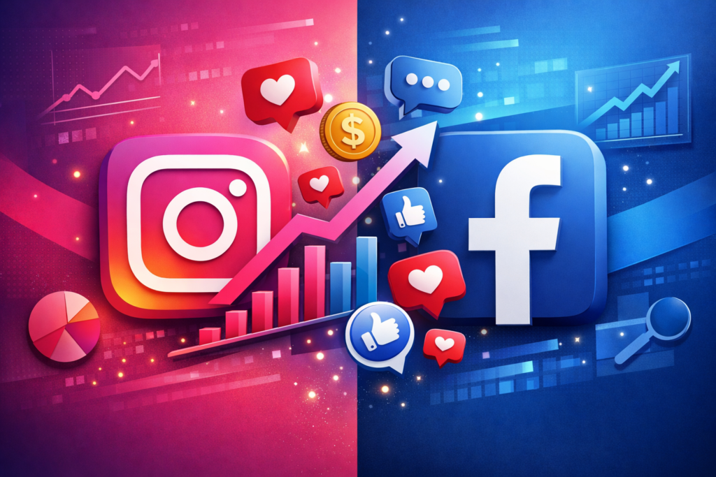 Comparação visual entre marketing no Instagram e Facebook com logos e elementos de crescimento