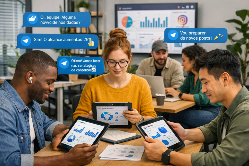 equipe gerenciando Instagram com Telegram