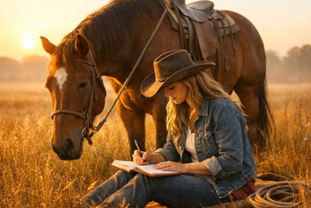 Lifestyle country feminino com cavalo em ambiente natural