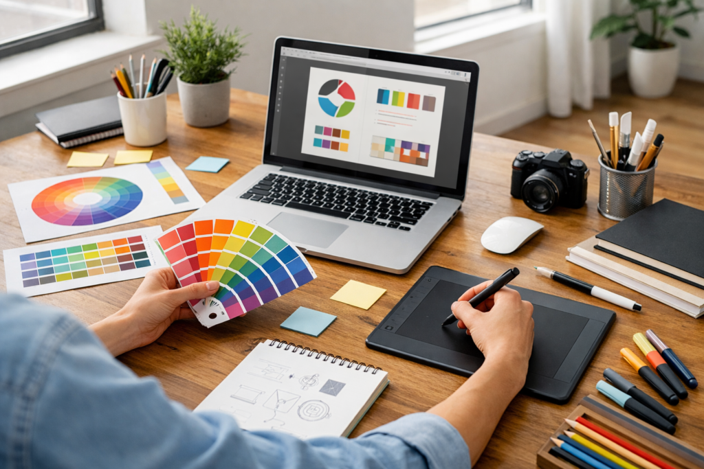 Designer criando branding visual no Instagram com paleta de cores