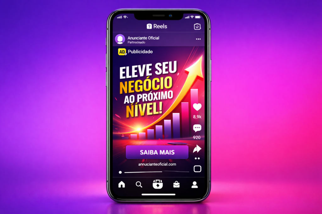 Celular mostrando anúncios no Instagram Reels na tela