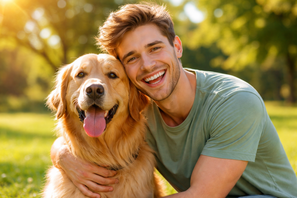 homem feliz estética golden retriever