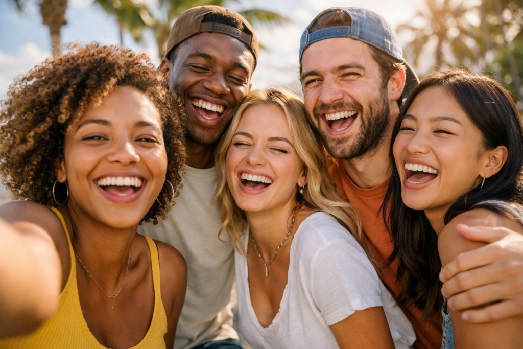 Grupo de amigos sorrindo e tirando selfie juntos com legendas para Instagram com amigos