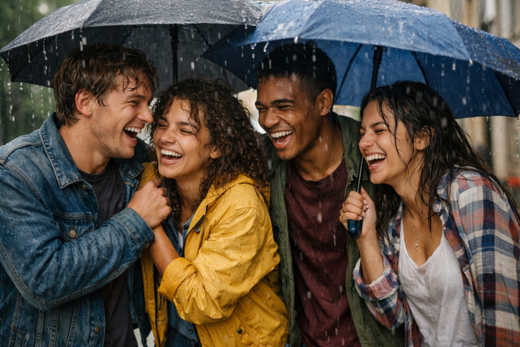 Grupo de jovens amigos rindo sob a chuva