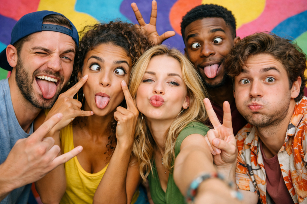 Amigos fazendo poses engraçadas e caretas juntos