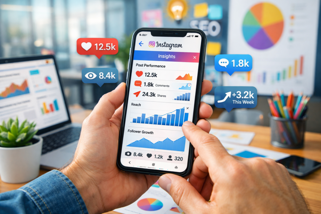 pessoa analisando métricas de engajamento no Instagram pelo celular