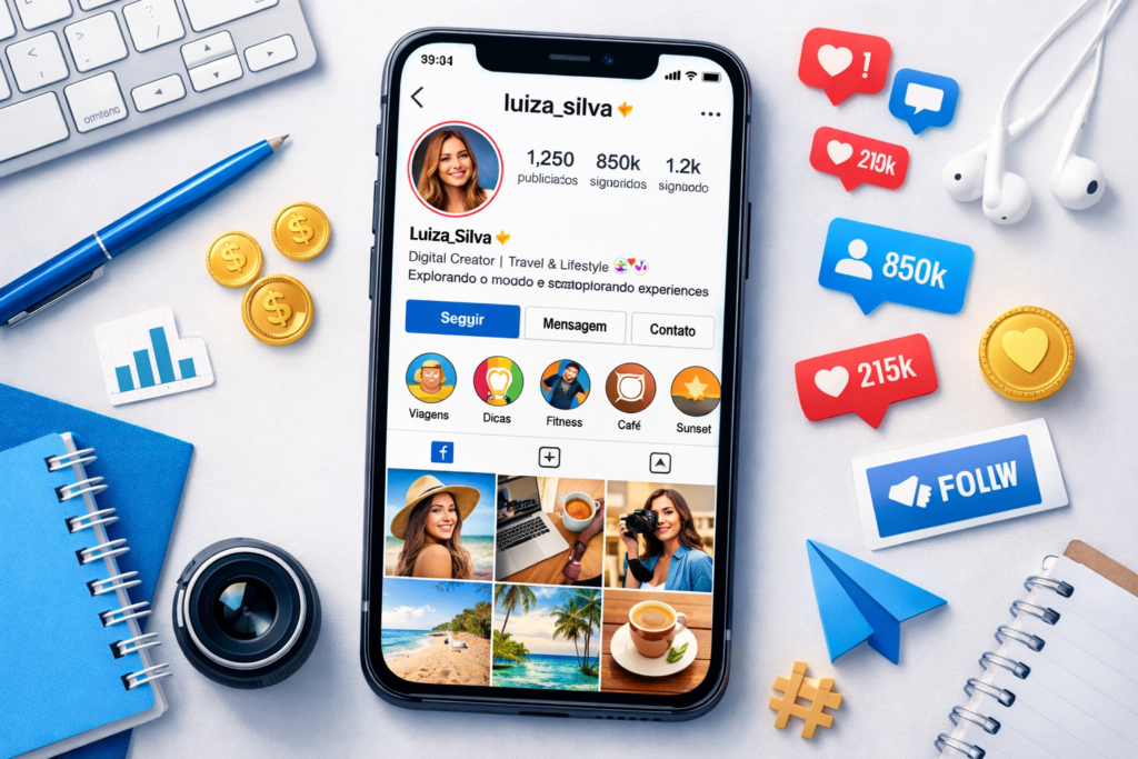 perfil no Instagram bem estruturado com foto, bio e feed organizados