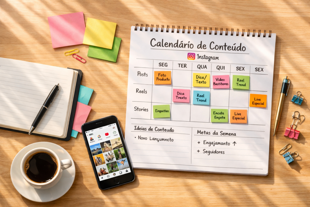 Planejamento de conteúdo para perfil no Instagram com calendário editorial