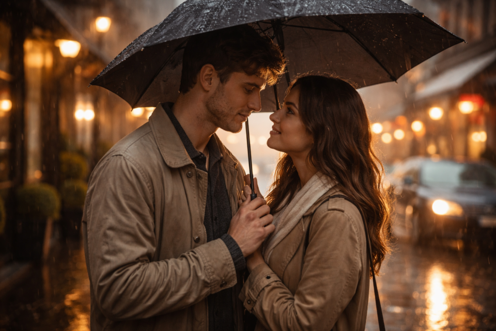 : Casal dividindo guarda-chuva na chuva, perfeito para legendas românticas para dia de chuva