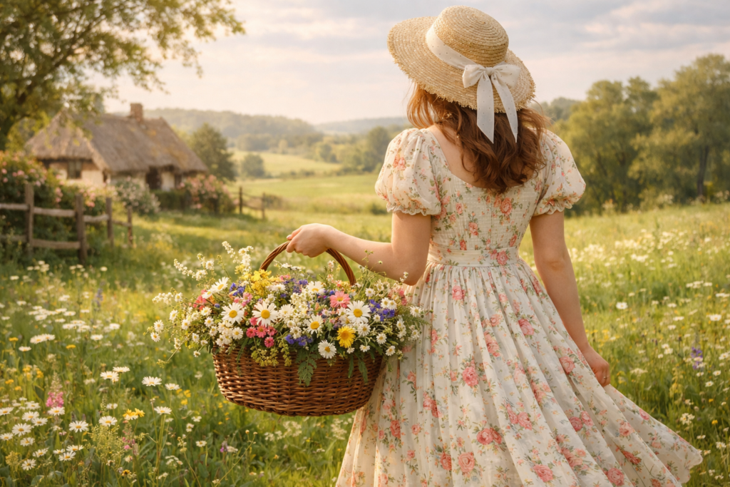 estética cottagecore com elementos florais e rurais