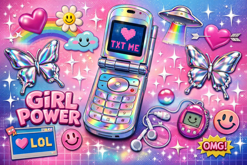 Colagem com elementos da estética anos 2000 incluindo tecnologia retrô e cores vibrantes