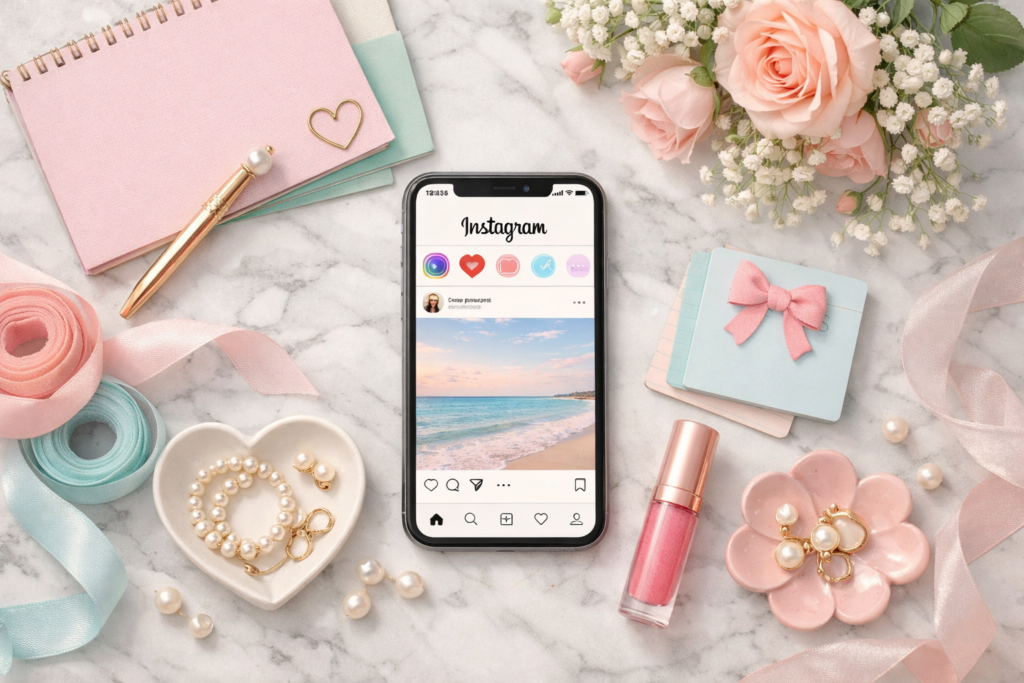 Feed Instagram com estética soft girl aesthetic em tons pastel e acessórios delicados