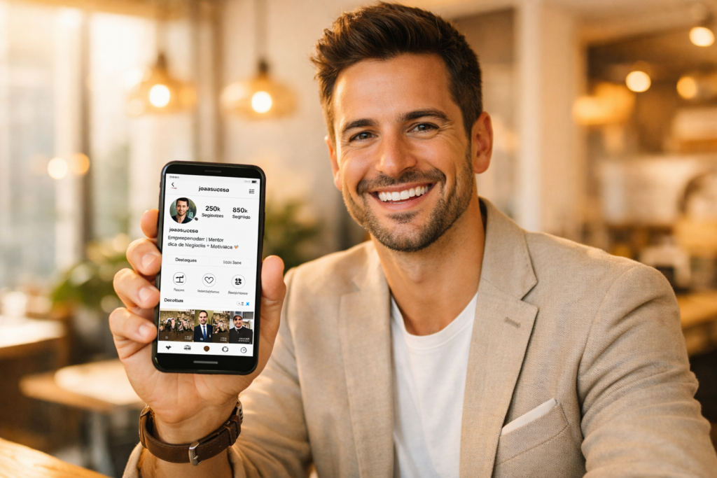 pessoa feliz com crescimento do perfil profissional no Instagram