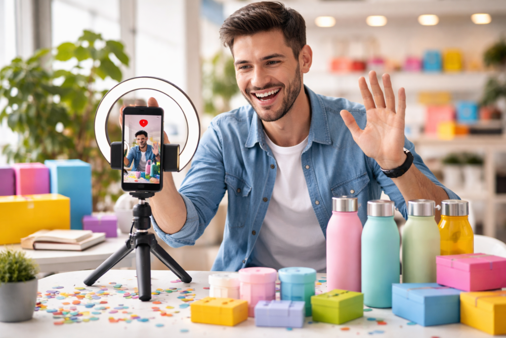 Empresária fazendo Instagram Live para lançar produto