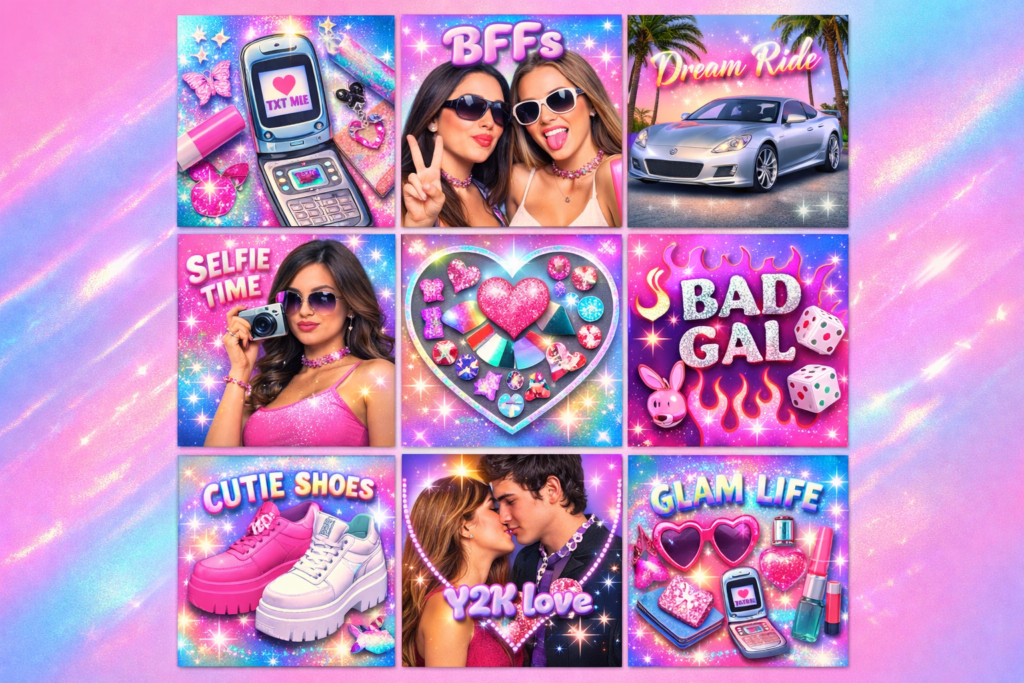 Feed do Instagram organizado com visual Y2K e cores metálicas