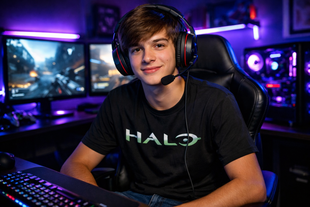 estética gamer boy com setup gamer RGB e headset