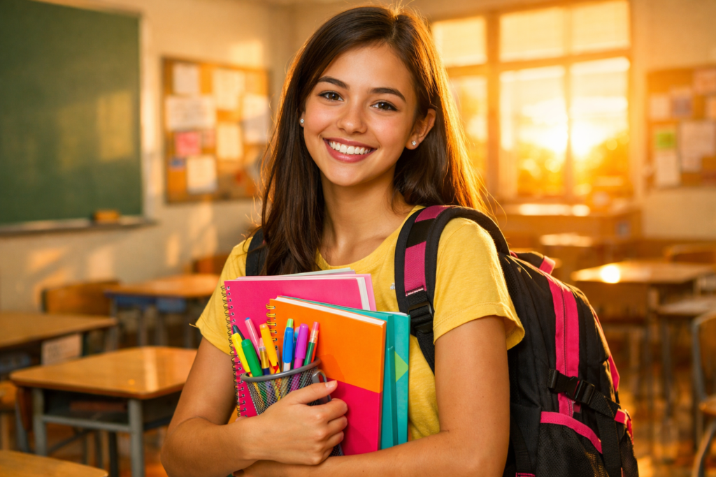 legendas para volta às aulas com estudante sorrindo segurando cadernos coloridos