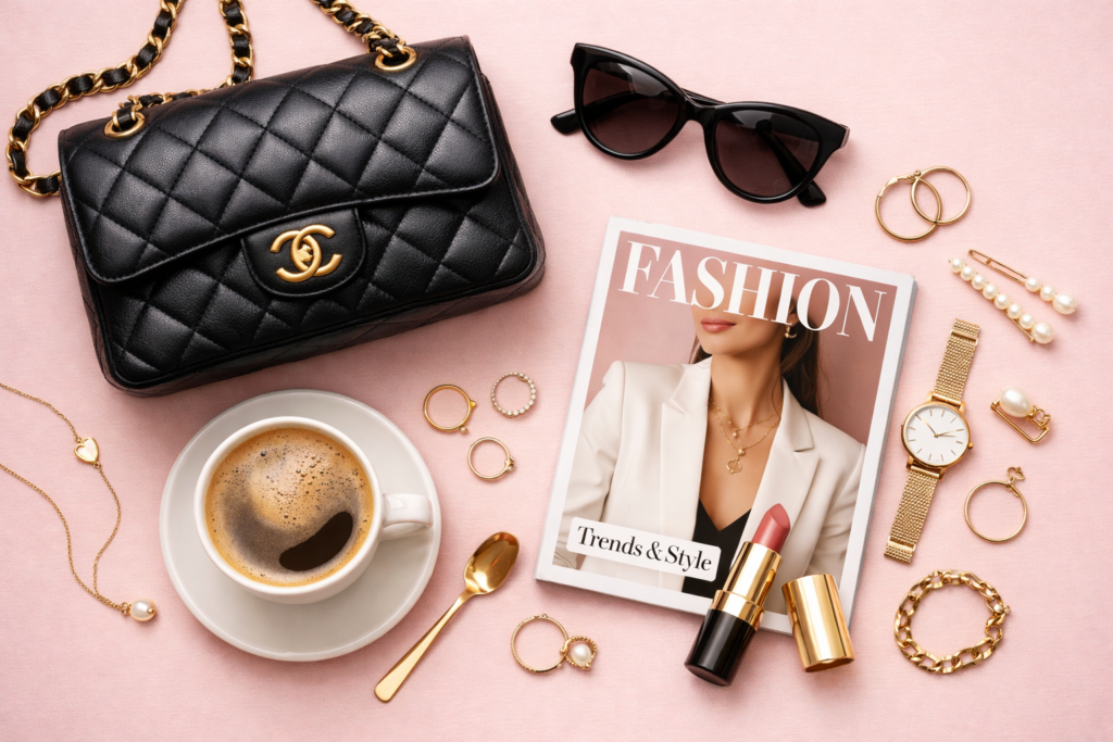 fashion girlies aesthetic flat lay com acessórios de moda