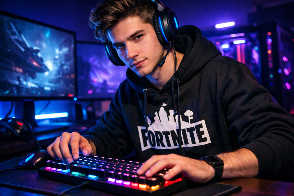 estilo gamer boy com moletom temático e teclado mecânico