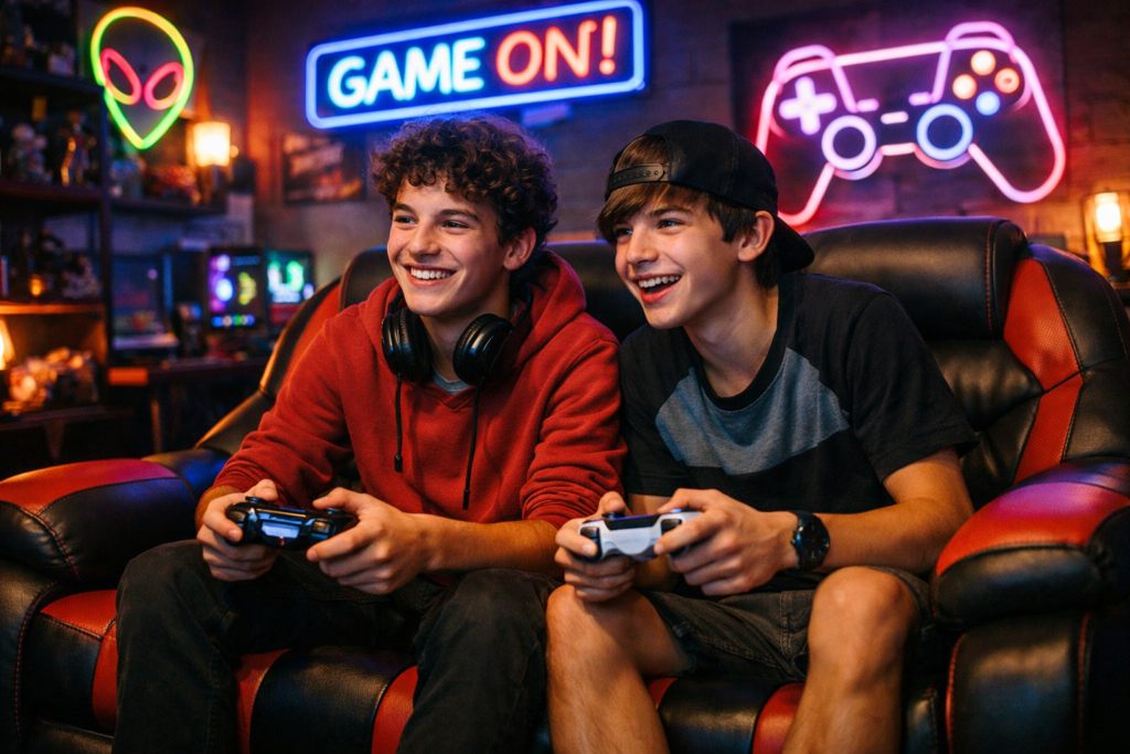 dois gamer boys jogando juntos em sala de jogos com iluminação RGB