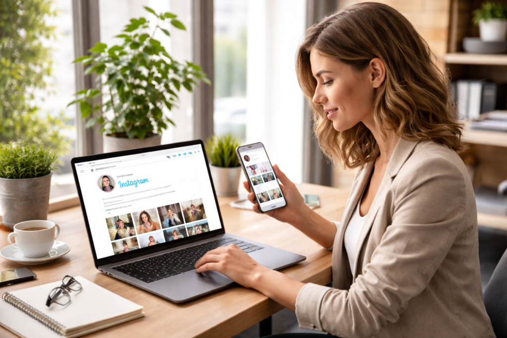 perfil profissional no Instagram sendo gerenciado por pessoa em escritório moderno