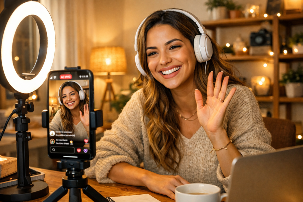 Criadora de conteúdo fazendo Instagram Live com suporte de celular e ring light