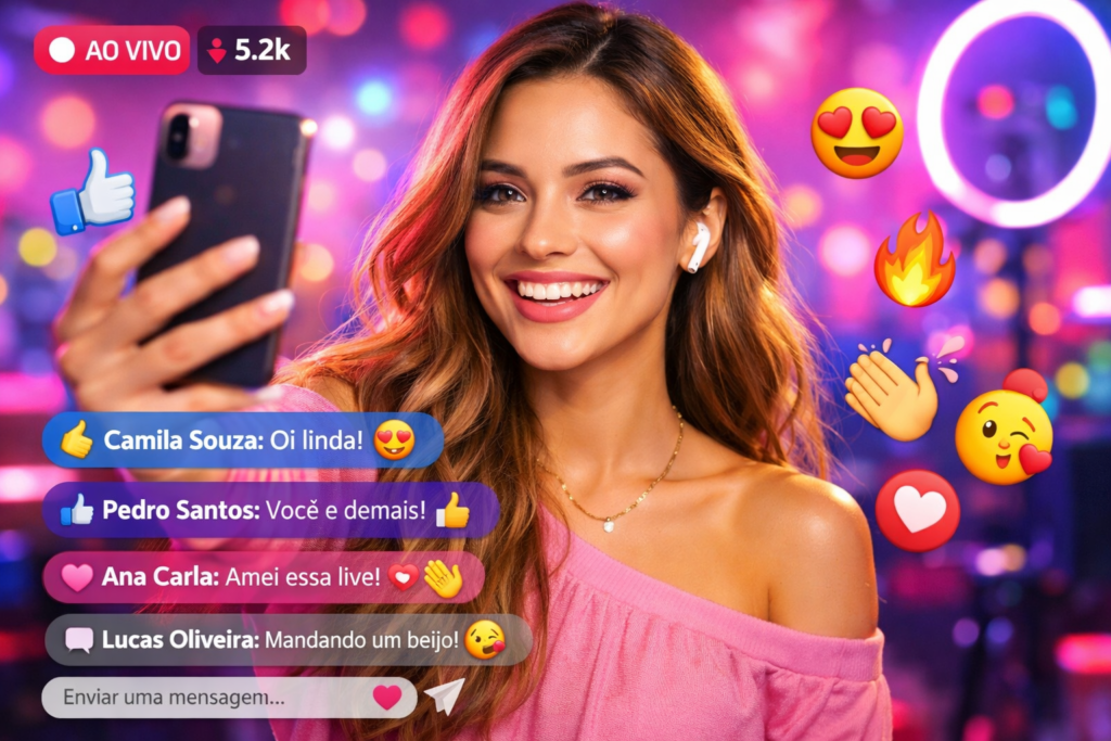 Influenciadora fazendo transmissão ao vivo no Instagram com comentários em tempo real
