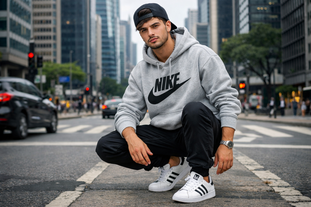 jovem com estilo basic boy usando hoodie e tênis de marca