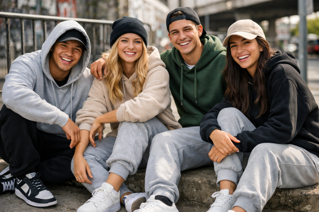 Exemplos de estética basic boy no dia a dia urbano Alt: estética basic boy com roupas casuais e tênis