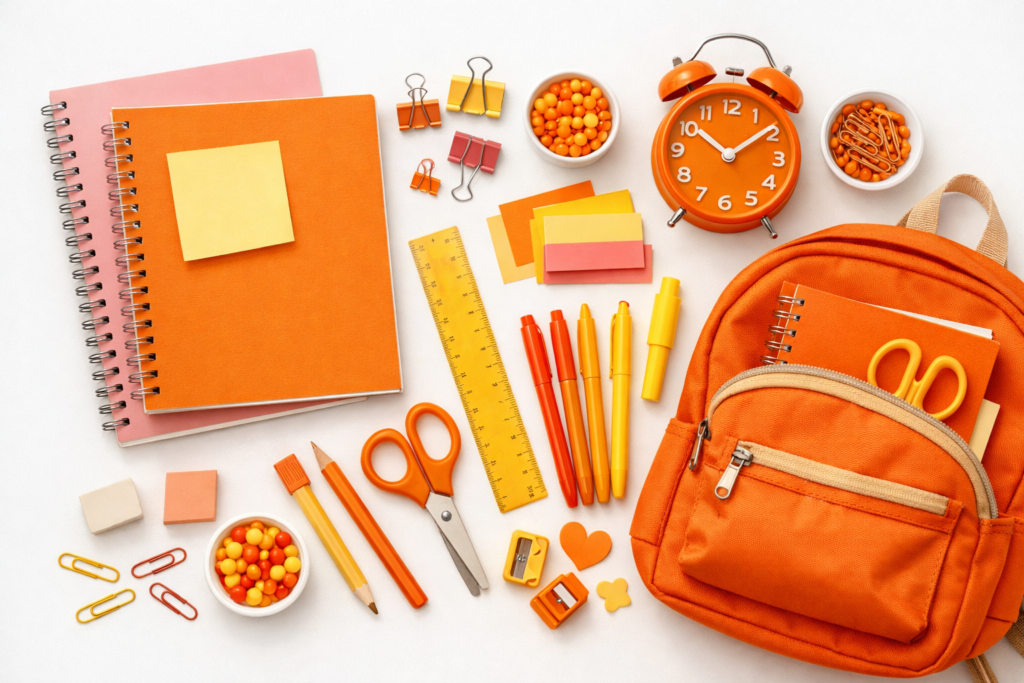 flatlay de material escolar para publicações de volta às aulas