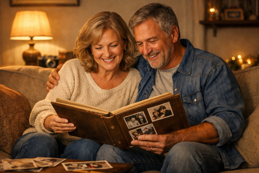 casal relembrando fotos no sofá