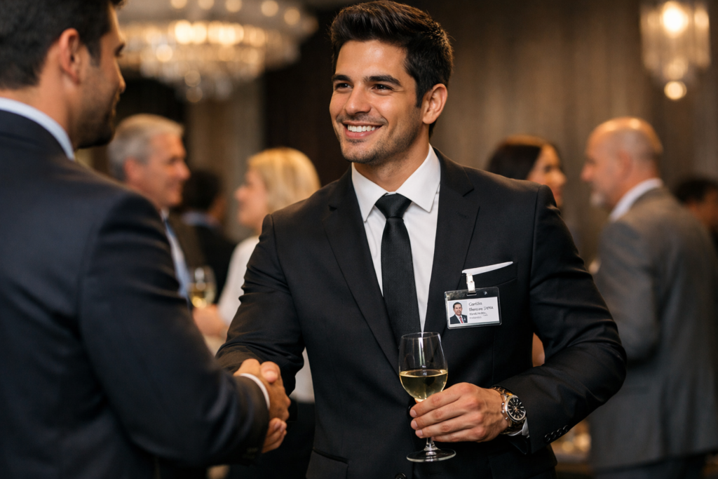 Profissionais fazendo networking representando estilo de vida corporativo