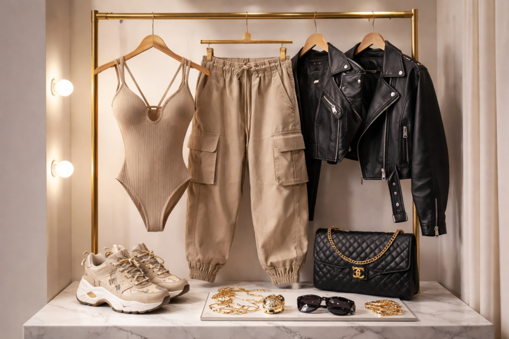 roupas e acessórios da estética baddie em mostruário