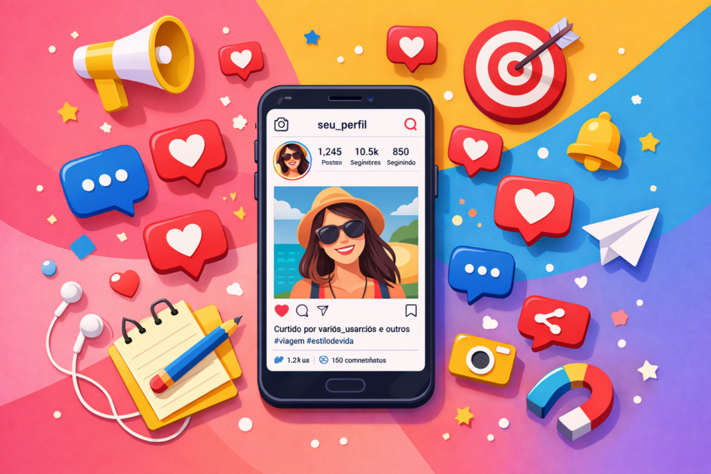 engajamento no Instagram com curtidas, comentários e compartilhamentos na tela do celular