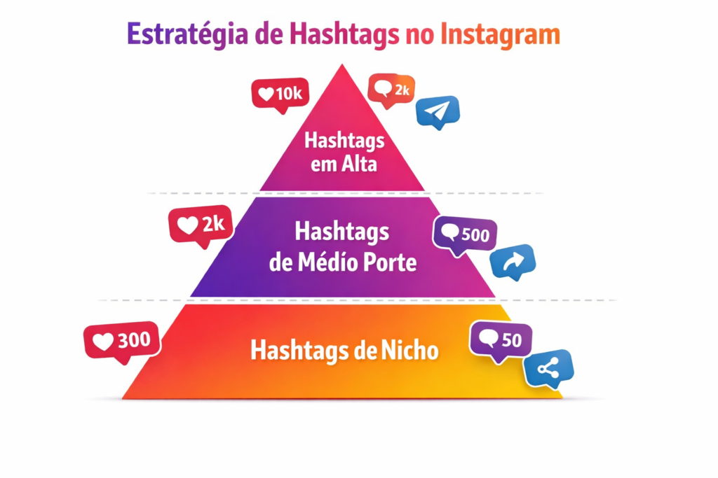 infográfico de estratégia de hashtags no Instagram com pirâmide de nicho a tendência