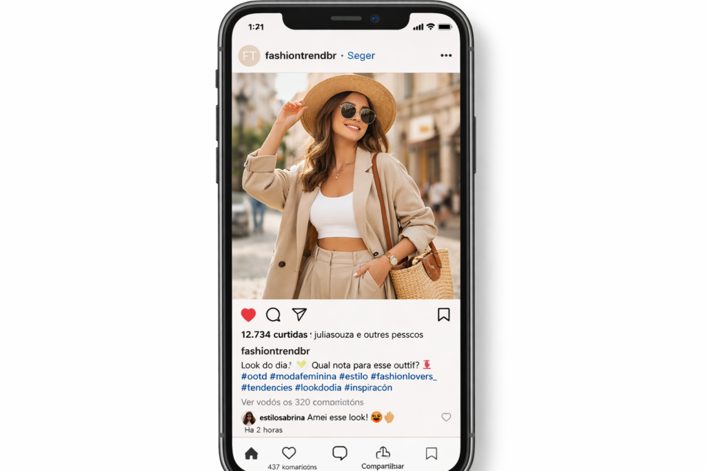 tela de celular mostrando post fashion girlies com hashtags