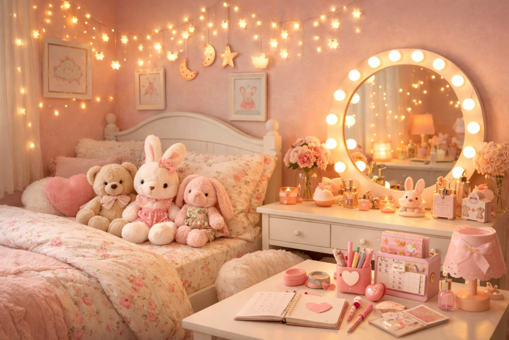 Decoração de quarto com soft girl aesthetic em tons rosê e lavanda com luzes de fada