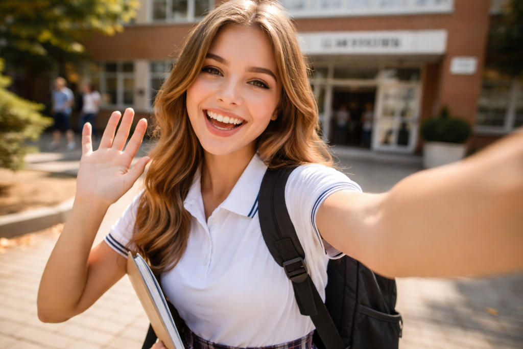 estudante tirando selfie no primeiro dia de aula para o Instagram