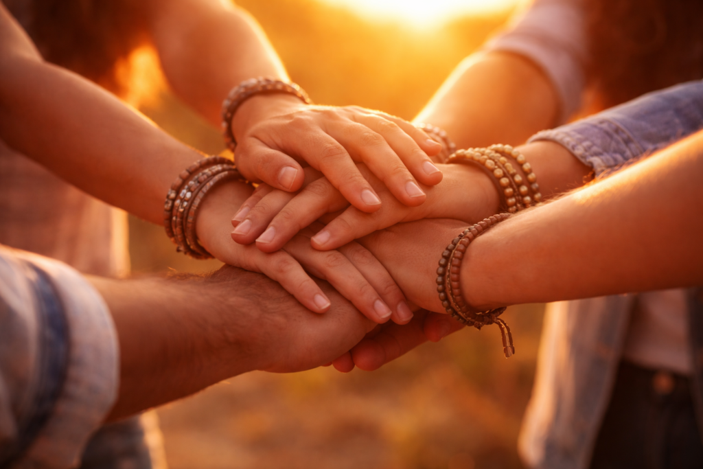 Mãos de amigos empilhadas demonstrando união