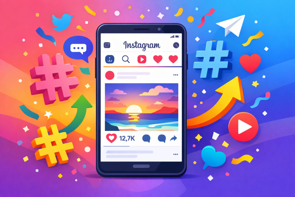 hashtags trending no Instagram em smartphone com seta de crescimento
