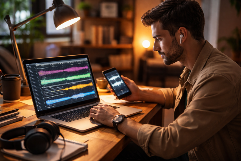 Pessoa usando áudios baixados do Instagram em projetos criativos