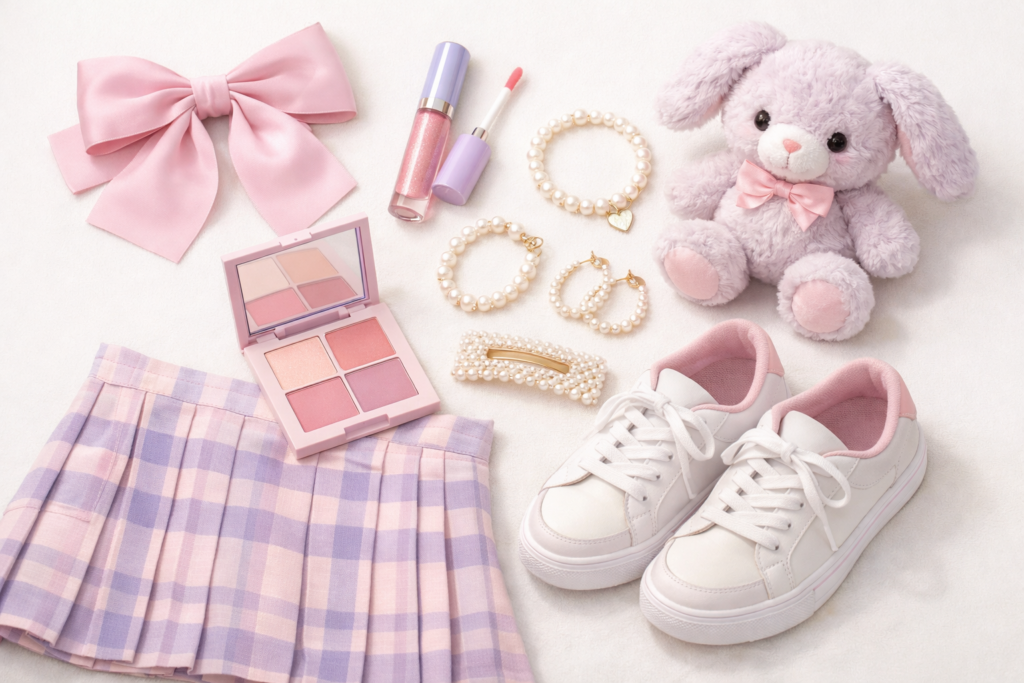 soft girl aesthetic com itens em tons pastel como laço de cabelo, gloss labial e acessórios de pérola