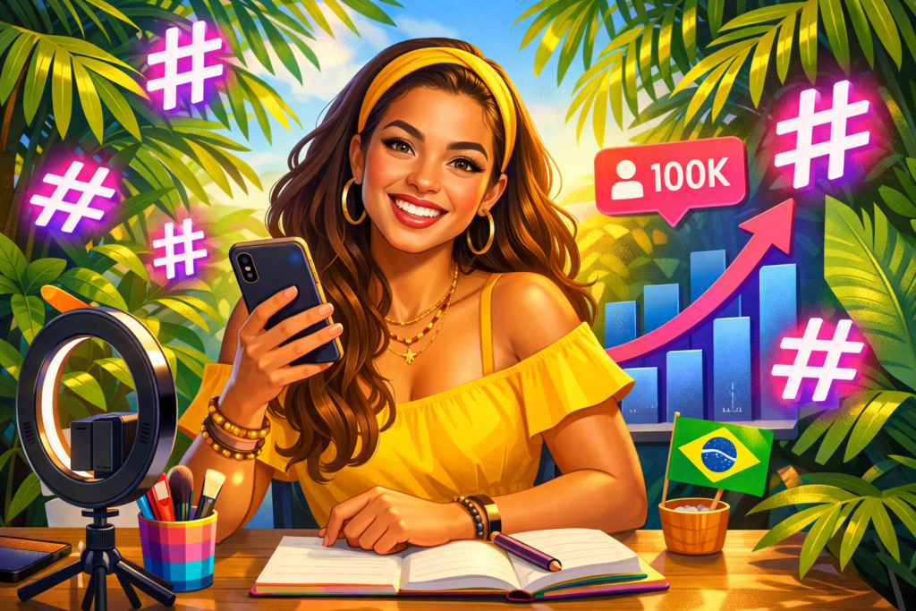criador de conteúdo brasileiro usando hashtags trending no Instagram com crescimento de seguidores