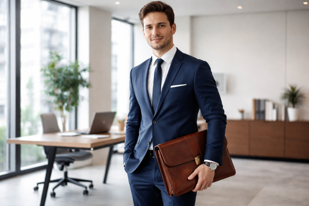 estética business core masculina com terno elegante em ambiente corporativo