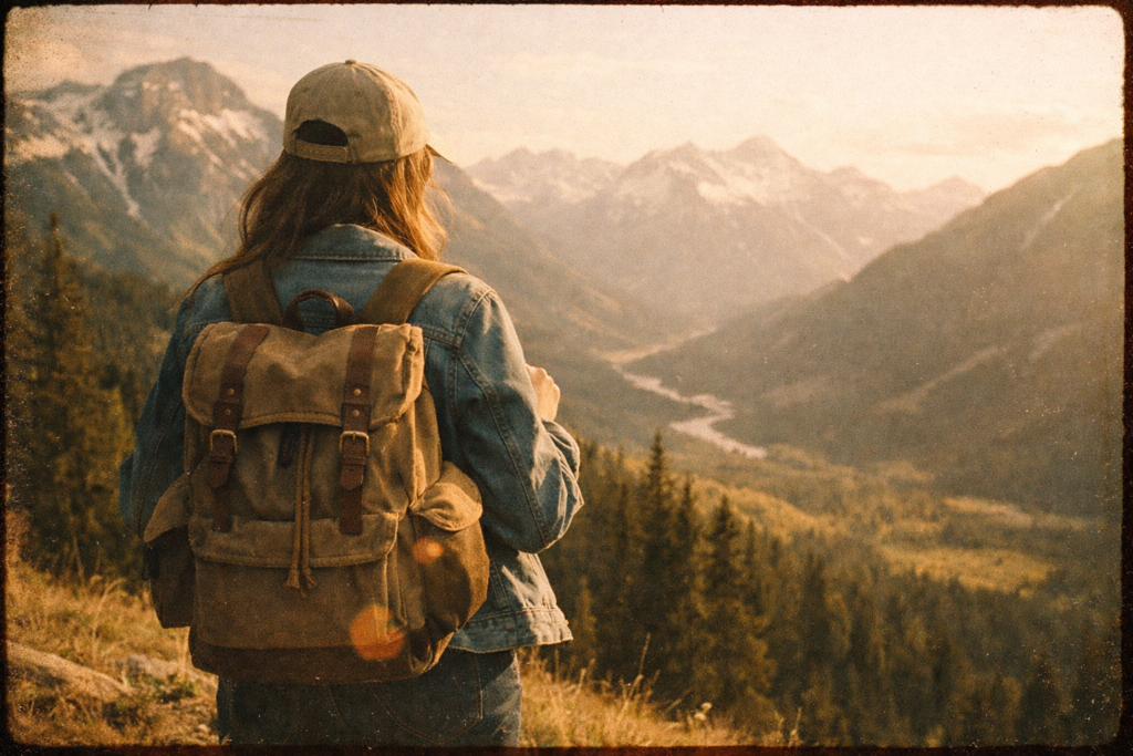 Uma bela mulher exploradora de paisagens nostálgicas 