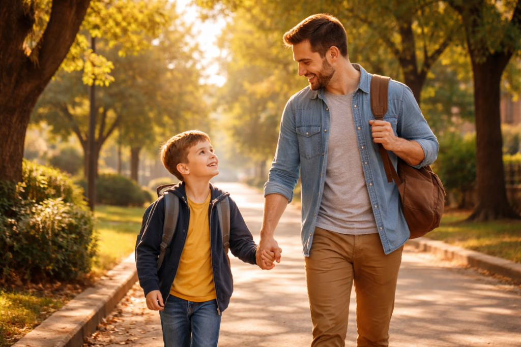 pai levando filho à escola na volta às aulas, momento emocionante