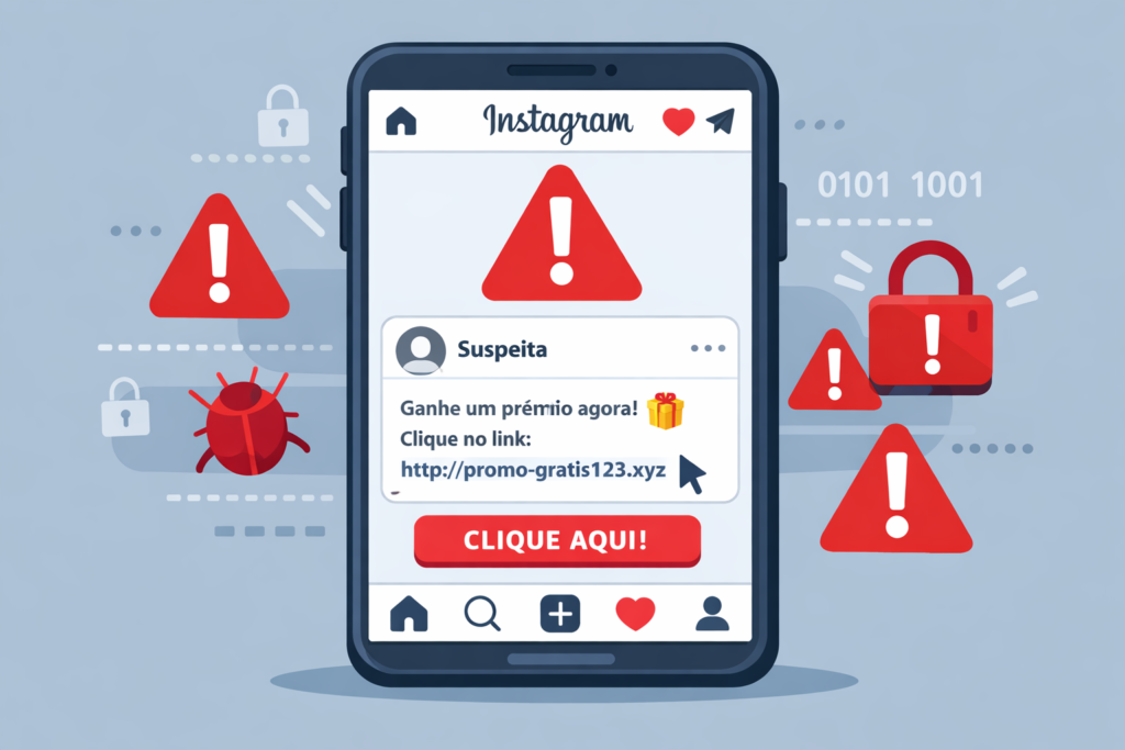 tela de celular com mensagem suspeita no Instagram e alerta de phishing