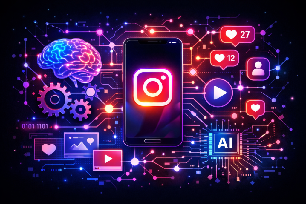 algoritmo do Instagram ilustração com inteligência artificial e feed personalizado